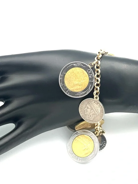14K Italian Solid Yellow Gold Round Link 7” Lire / Lira Coin Charm Bracelet - Picture 5 of 8